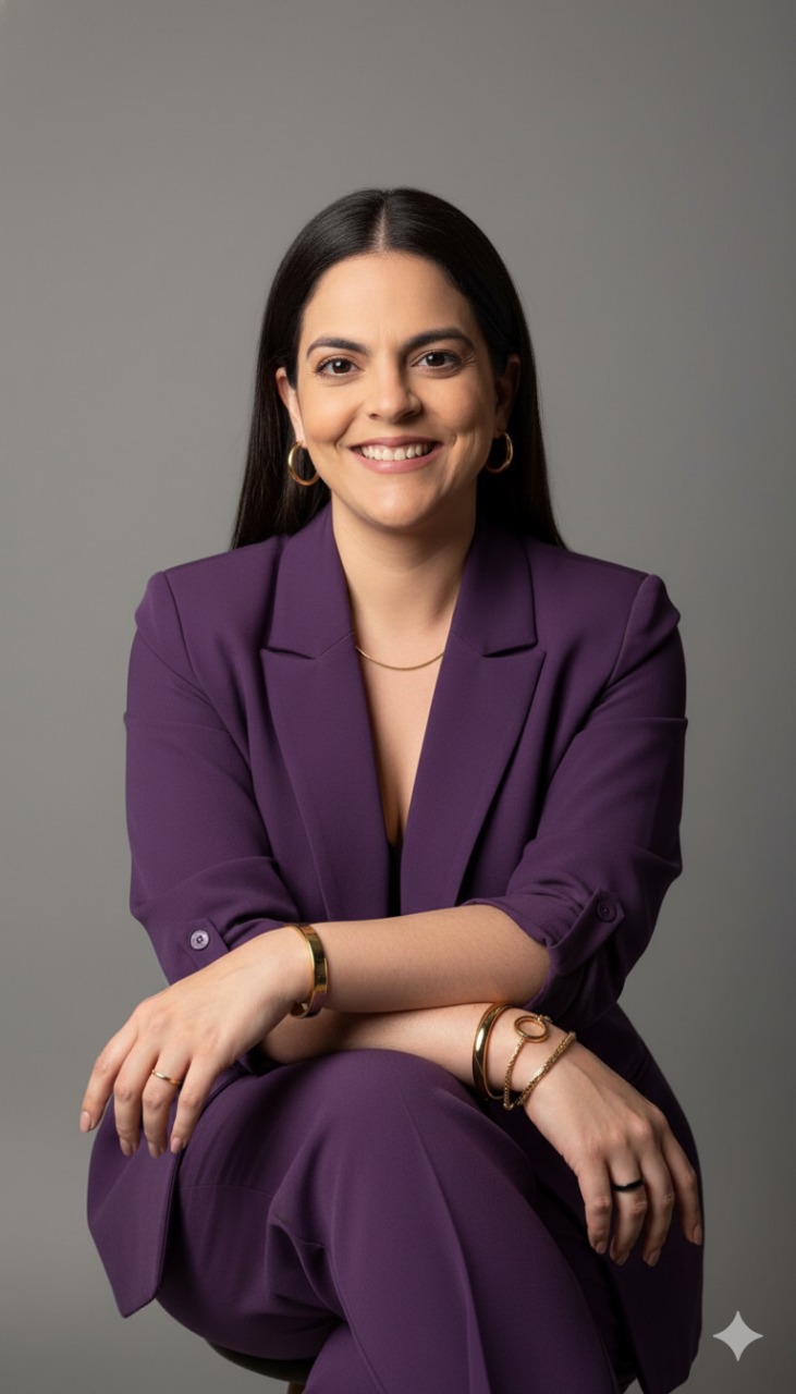 Ingrid Aleixo, Fundadora da Hineni Digital, sorrindo em retrato profissional com blazer roxo